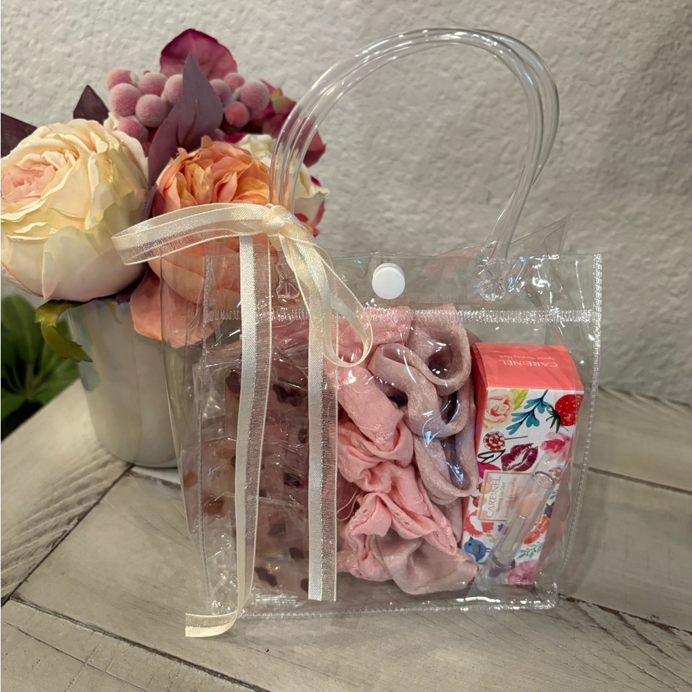 ClearTote Bag with Pink Scrunchies Hair Clip and Lip Sleeping Mask Set